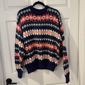 LAKE HARMONY ROWING CLUB Vintage Fair Isle Ski Sweater L Heavy Knit Cotton USA